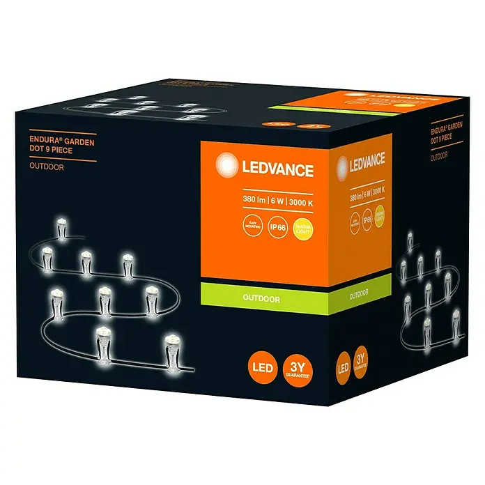 Ledvance LED-Lichterkette9,25 m, Lichtfarbe: Warmweiß - Abbildung einer LEDVANCE Endura Garden Dot 9er-Packung für den Außenbereich, die warmes Licht mit 380 lm und 6 W bei 3000 K bietet.