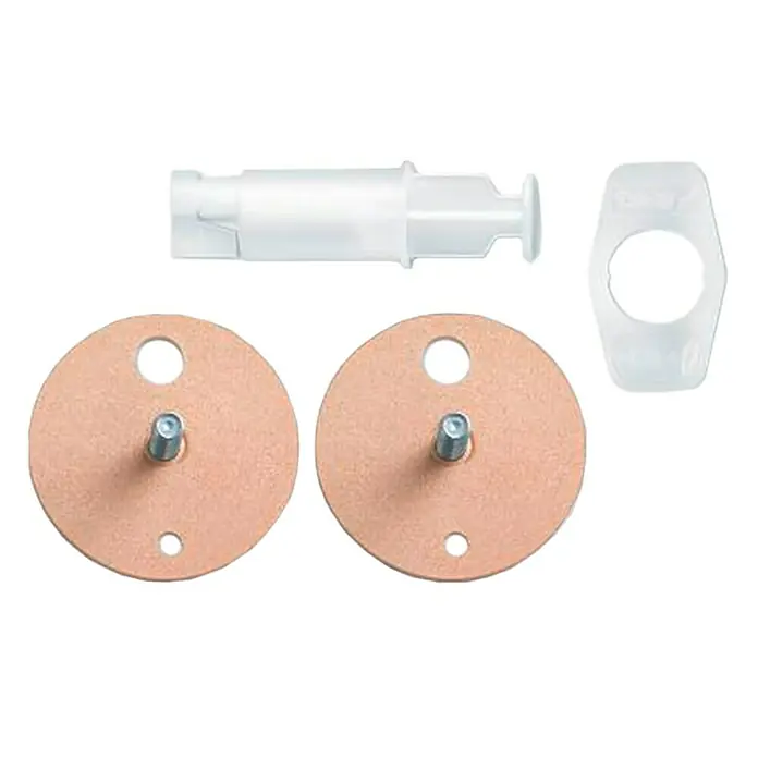 Tesa Kit para fijación BK177-2 - Pegado, 2 pzs. - Imagen de una fijación de asiento de inodoro con dos placas redondas, un manguito y un soporte. Ideal para una instalación segura.
