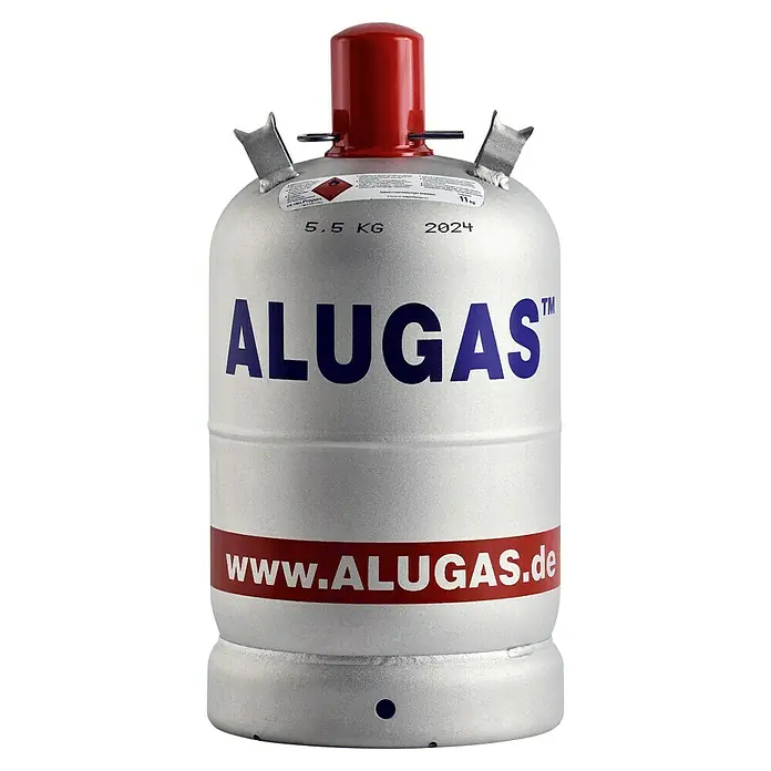 Tyczka Energy Propangas-Flasche Alugas ohne Füllung* - Fassungsvermögen: 11 kg - Nahaufnahme einer grauen ALUAGAS-Propangasflasche mit roter Kappe, die für den sicheren Transport von Gasen entwickelt wurde.