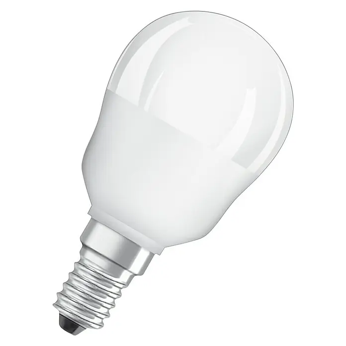 Osram Star LED-Lampe - E14, Dimmbar, RGBW, 250 lm, 4,5 W - Nahaufnahme einer weißen LED-Lampe mit E14-Sockel, ideal für stimmungsvolle Beleuchtung in jedem Raum.