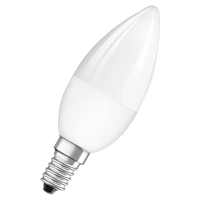 Osram Star LED-Lampe CLB25 - E14, Dimmbar, RGBW, 250 lm, 4,5 W - Nahaufnahme einer weißen OSRAM LED-Lampe in Kerzenform mit E14-Sockel, ideal für stimmungsvolle Beleuchtung und Energieeffizienz.