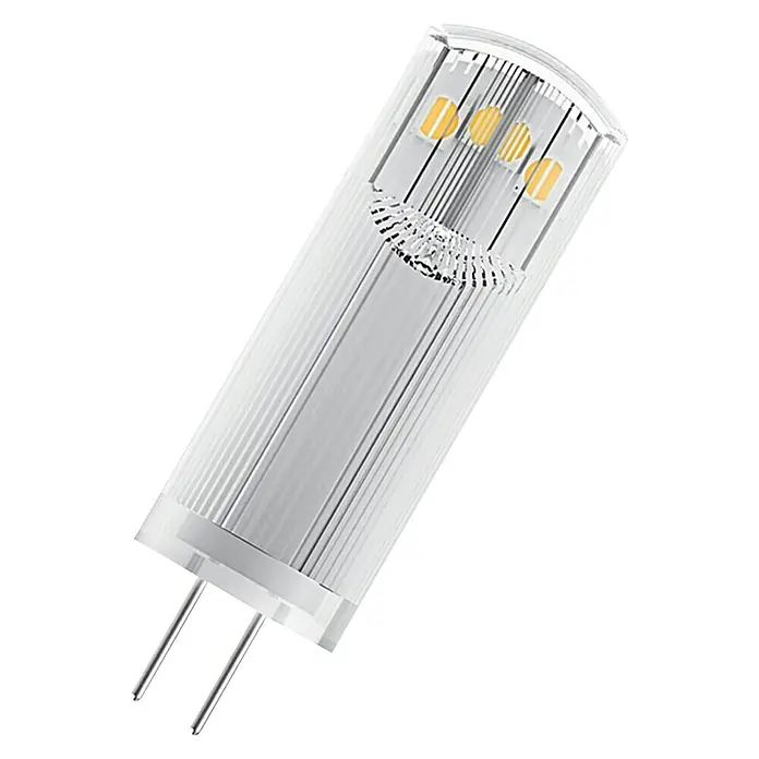 Osram LED-Lampen Set Pin G4 MR16 - G4, Nicht Dimmbar, Warmweiß, 200 lm, 1,8 W, 3 Stk. - Detailaufnahme einer G4 LED Lampe mit Stiftsockel. Sie hat ein klares, modernes Design und strahlt ein warmes, angenehmes Licht aus.