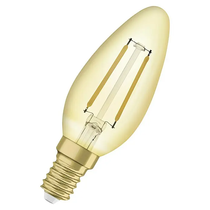 Osram LED-Lampe Vintage Edition 1906 Tropfenform E14 CLB22 - E14, Nicht Dimmbar, Warmweiß, 220 lm, 2,5 W - Nahaufnahme einer LED-Filamentlampe im Kerzenstil, die ein warmes, gelbes Licht ausstrahlt und auf Energieeffizienz und dekorative Beleuchtung hinweist.