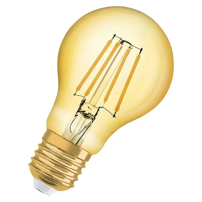 Osram LED-Lampe Vintage Edition 1906 Glühlampenform E27 - E27, Nicht Dimmbar, Warmweiß, 950 lm, 7,5 W - Nahaufnahme einer goldfarbenen LED-Glühbirne mit sichtbaren Filamenten vor einem schwarzen Hintergrund.