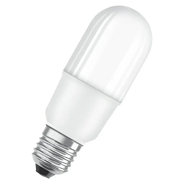 Osram Star LED-Lampe Vintage Glühlampenform E27 - E27, Nicht Dimmbar, Warmweiß, 806 lm, 8 W - Nahaufnahme einer weißen LED-Lampe mit E27-Sockel vor schwarzem Hintergrund, die Energieeffizienz und modernes Design vereint.