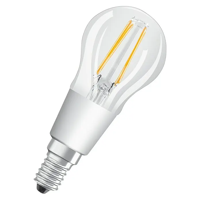 Osram Superstar LED-Lampe Classic P 40 Glowdim - E14, Dimmbar, Warmweiß, 470 lm, 4,5 W - Nahaufnahme einer E14 LED Lampe mit klarem Glaskolben und sichtbaren LED-Filamenten vor schwarzem Hintergrund.
