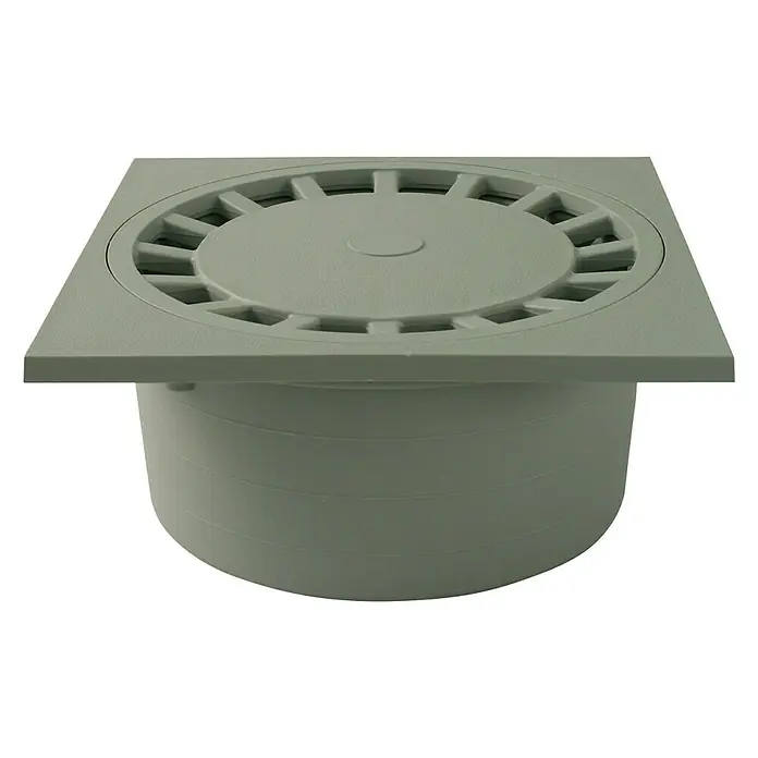 Haus- & Hofablauf - 150 x 150 mm, Abgang: Senkrecht, Durchmesser Rohranschluss: 50 mm - Grauer Bodenablauf mit quadratischer Abdeckung und kreisförmigen Schlitzen. Perfekt für Badezimmer oder Duschen mit seiner robusten Konstruktion.