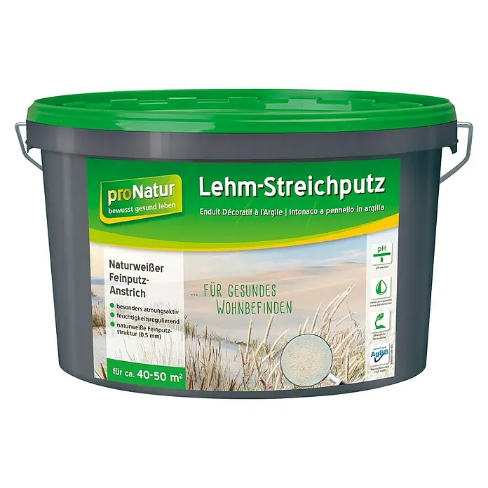 Baufan Pronatur Lehm-Streichputz - Naturweiß, 18 kg, Korngröße: Fein - Eimer Lehm-Streichputz von proNatur, eine atmungsaktive und feuchtigkeitsregulierende Naturfarbe für ein gesundes Wohnklima.