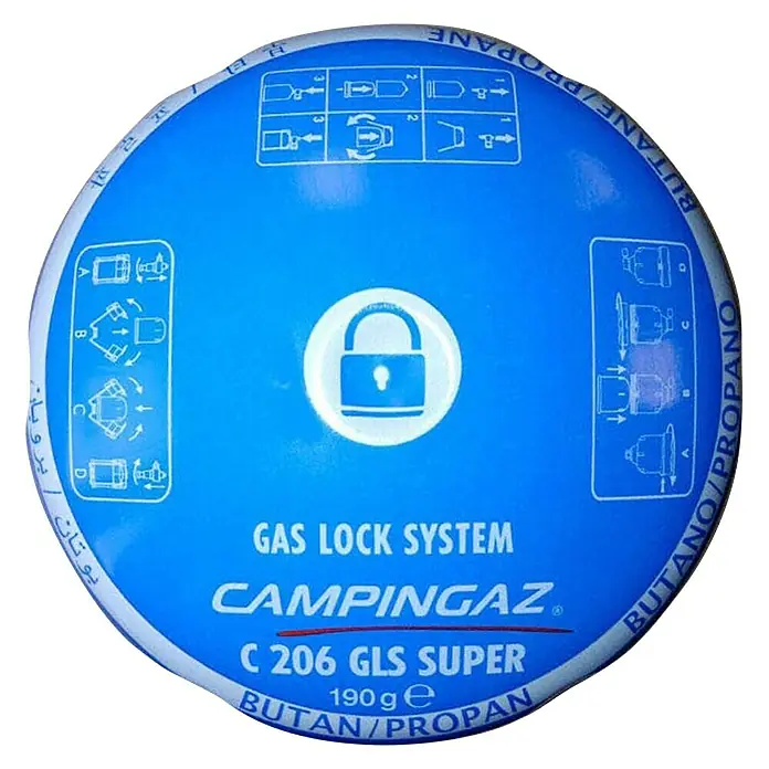 Campingaz Cartucho de gas C206 GLS - 190 g - Primer plano de la tapa de un cartucho de gas Campingaz C 206 GLS Super con sistema Gas Lock.