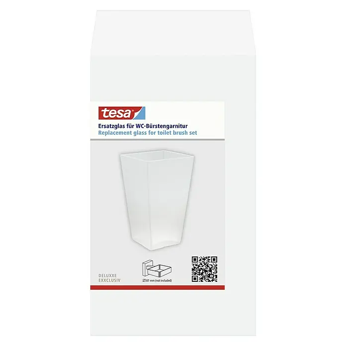 Tesa Bürstenglas - Glas, Matt, Eckig - Produktverpackung für ein Tesa Ersatzglas für WC-Bürstengarnitur. Das weiße Glas ist für die "Deluxxe Exxclusiv" Serie geeignet.