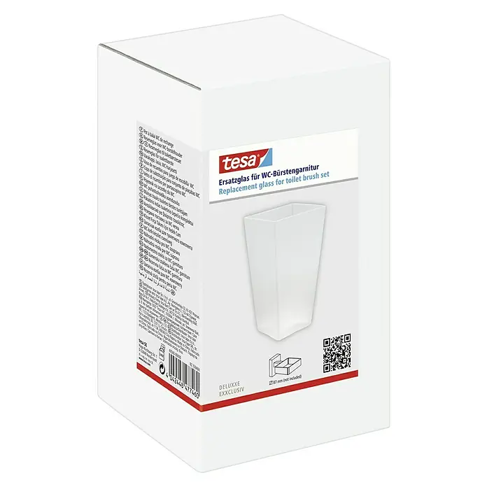 Tesa Bürstenglas - Glas, Matt, Eckig - Verpackung eines Tesa Ersatzglases für WC-Bürstengarnitur, ein praktisches Zubehör für Ihr Badezimmer.