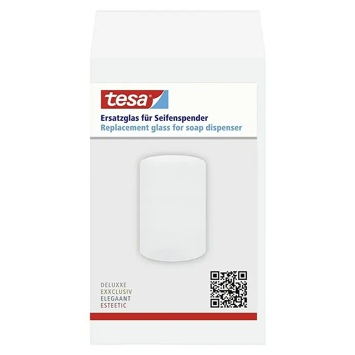 Tesa Ersatzglas Seifenspender - Glas, Satiniert - Ersatzglas für Tesa Seifenspender: Weißes Glas für den Seifenspender, verpackt in einer weißen Schachtel mit Tesa Logo und QR-Code.