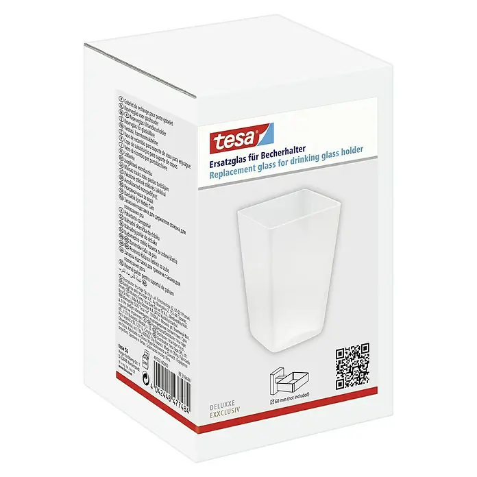 Tesa Ersatz-Zahnputzglas - Glas, Satiniert - Produktverpackung eines Tesa Ersatzglases für Becherhalter. Das Glas ist weiß und hat eine moderne, eckige Form.