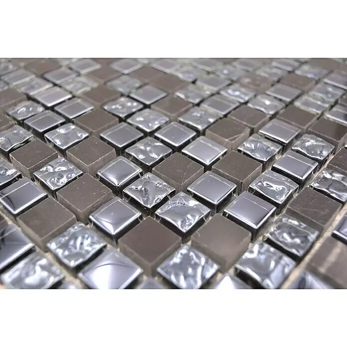 Mosaikfliese Quadrat Mix XCM M860 - 30,5 x 32,2 cm, Schwarz, Glänzend - Mosaikfliesen mit abwechselnd matten dunkelbraunen und glänzenden silbernen Quadraten, teils glatt, teils texturiert.