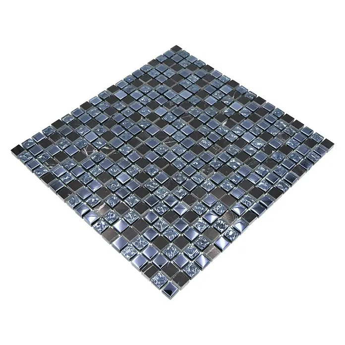 Mosaikfliese Quadrat Mix XCM M860 - 30,5 x 32,2 cm, Schwarz, Glänzend - Quadratische, dunkelgraue und silberfarbene Mosaikfliesen auf einem Blatt für eine elegante Wand- oder Bodengestaltung.