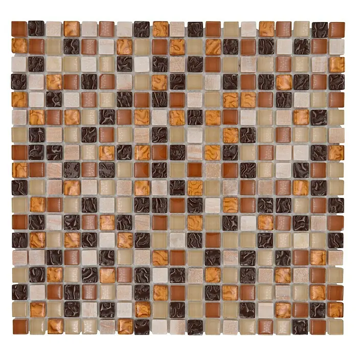 Mosaikfliese Quadrat Crystal Mix XCM M830 - 30,5 x 32,2 cm, Beige/Braun, Glänzend - Detailaufnahme eines Mosaiks mit quadratischen Fliesen in Braun-, Beige- und Karamelltönen, ideal für stilvolle Wand- und Bodengestaltung.