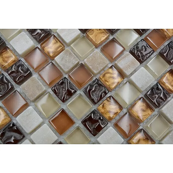 Mosaikfliese Quadrat Crystal Mix XCM M830 - 30,5 x 32,2 cm, Beige/Braun, Glänzend - Detailaufnahme
