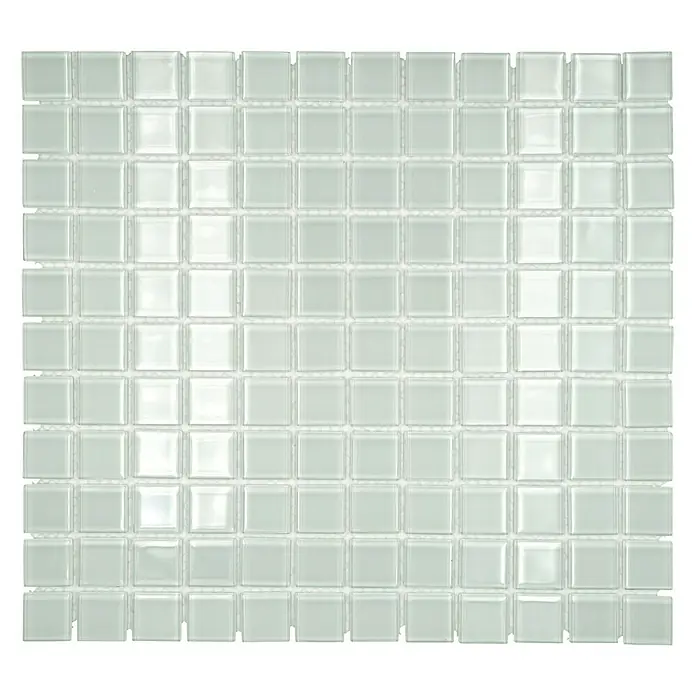 Mosaikfliese Quadrat Crystal Uni CM 4040 - 32,7 x 30,2 cm, Weiß, Glänzend - Nahaufnahme eines Bogens glänzender, quadratischer Mosaikfliesen in einem sanften Weißton, ideal für Badezimmer- oder Küchenrückwände.