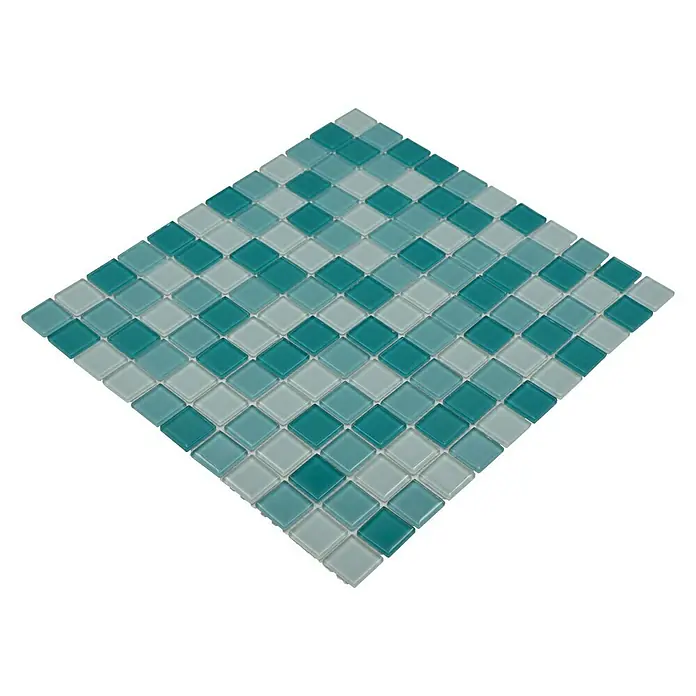 Mosaikfliese Quadrat Crystal Mix CM 4114 - 32,7 x 30,2 cm, Grün, Glänzend - Quadratische Mosaikfliese in Türkis und Weiß, ideal für Badezimmer oder Küchen. Die Glasfliesen sind modern und reflektieren das Licht schön.