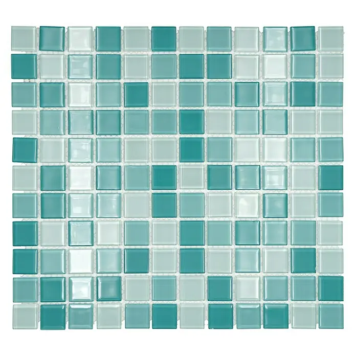 Mosaikfliese Quadrat Crystal Mix CM 4114 - 32,7 x 30,2 cm, Grün, Glänzend - Nahaufnahme eines Mosaiks mit blaugrünen und weißen Glasfliesen, ideal für Badezimmer- oder Küchendekorationen.