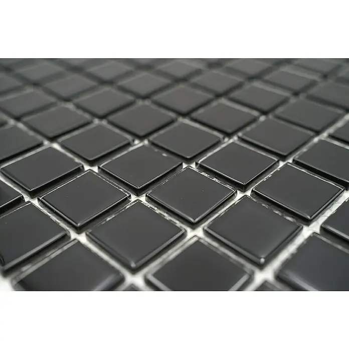 Mosaikfliese Quadrat Crystal Uni CM 4050 - 32,7 x 30,2 cm, Schwarz, Glänzend - Schwarze quadratische Mosaikfliesen mit glänzender Oberfläche, die ein geometrisches Muster für moderne Innenräume bilden.