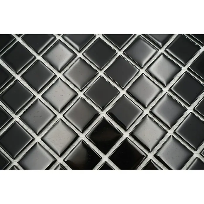 Mosaikfliese Quadrat Crystal Uni CM 4050 - 32,7 x 30,2 cm, Schwarz, Glänzend - Nahaufnahme von glänzenden, schwarzen Mosaikfliesen, die ein elegantes und modernes Design für Innenräume zeigen.