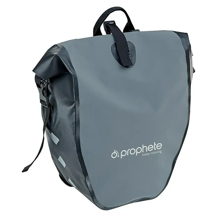 Prophete Gepäckträgertasche - L x B x H: 56 x 32 x 16 cm, Volumen: 20 l, Grau/Schwarz - Graue Fahrradtasche mit "Prophete"-Logo, wasserdicht und robust, ideal für Radtouren und Alltag.