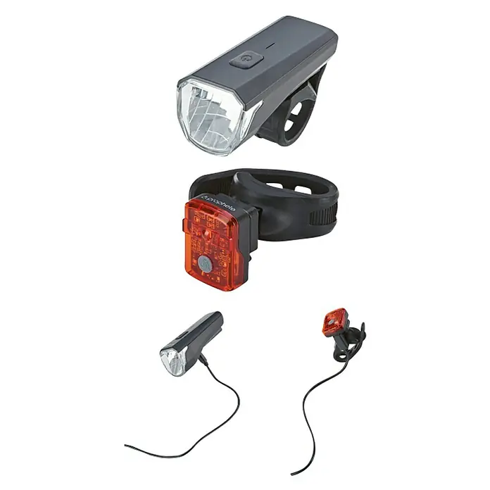 Prophete LED-Batterieleuchten-Set - Beleuchtungsstärke: 10 lx - 50 lx, Batterieindikator - Fahrradbeleuchtungsset: Vorder- und Rücklicht für erhöhte Sicherheit beim Radfahren.