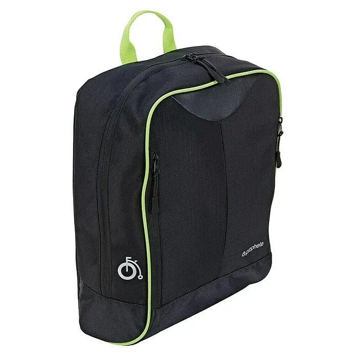 Prophete Gepäckträgertasche - Volumen: 10 l, Reflektorstreifen, Schwarz - Nahaufnahme eines schwarzen Fahrradrucksacks mit limettengrünen Akzenten und dem Prophete-Logo.