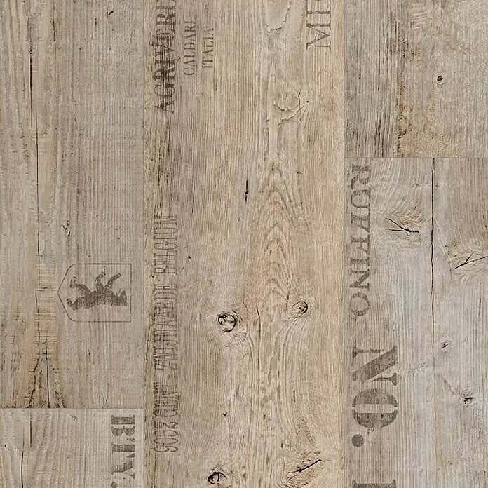 CV-Boden Meterware Memphis - 400 cm, Vino, Grau - Heller Holzoptik-Boden mit Used-Look und Schablonenbeschriftung.