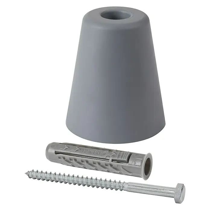 Türstopper - Ø x H: 70 x 80 mm, Grau - Nahaufnahme eines grauen Türstoppers mit Schraube und Dübel, ideal zum Schutz von Wänden und Möbeln vor Türschlägen.