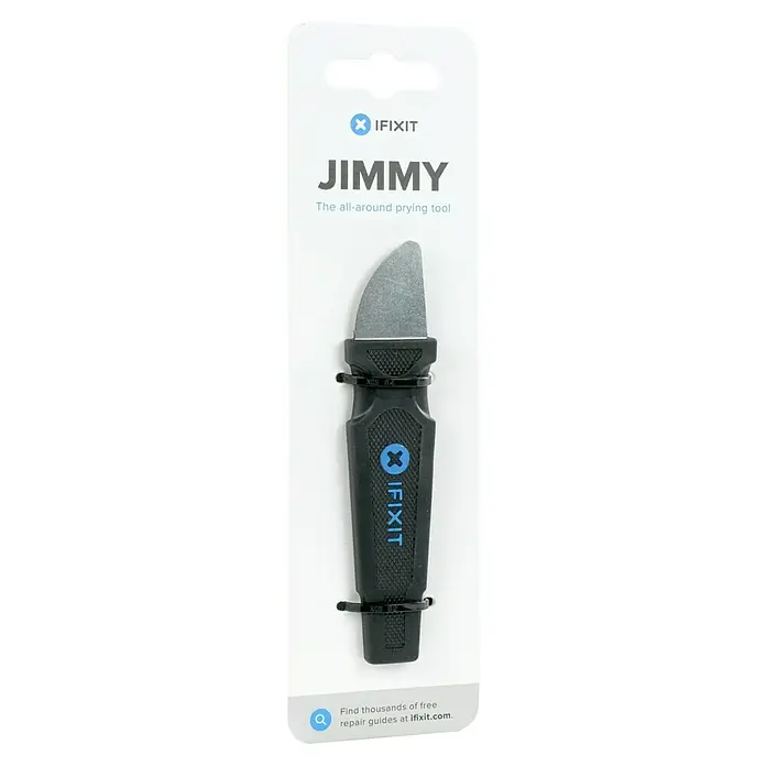 iFixit Öffnungswerkzeug Jimmy - Geeignet für: Smartphones, Länge: 12 cm - Nahaufnahme des iFixit Jimmy, ein vielseitiges Hebelwerkzeug, verpackt auf einer weißen Karte mit Produktinformationen und Markenlogo.