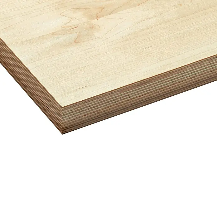 Multiplexplatte nach Maß - Birke, L x B: 2.500 x 1.250 mm, Stärke: 18 mm - Nahaufnahme einer Sperrholzplatte mit sichtbaren Schichten und natürlicher Holzmaserung, ideal für Bau- und Handwerksprojekte.