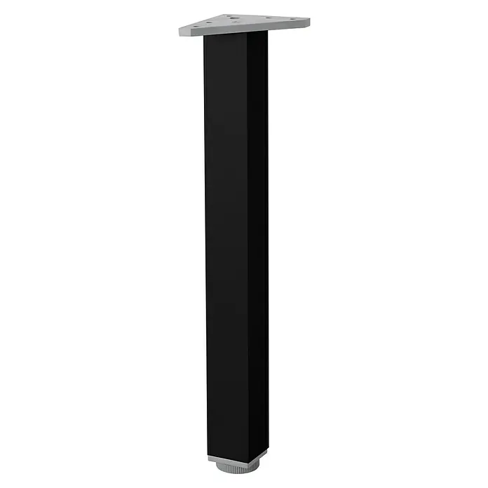 Rei Pata para muebles Aluminio - L x An x Al: 4 x 8 x 40 cm, Aluminio, Negro - Imagen de una columna de escritorio ajustable con pata cuadrada negra y placa y pie de montaje plateados.