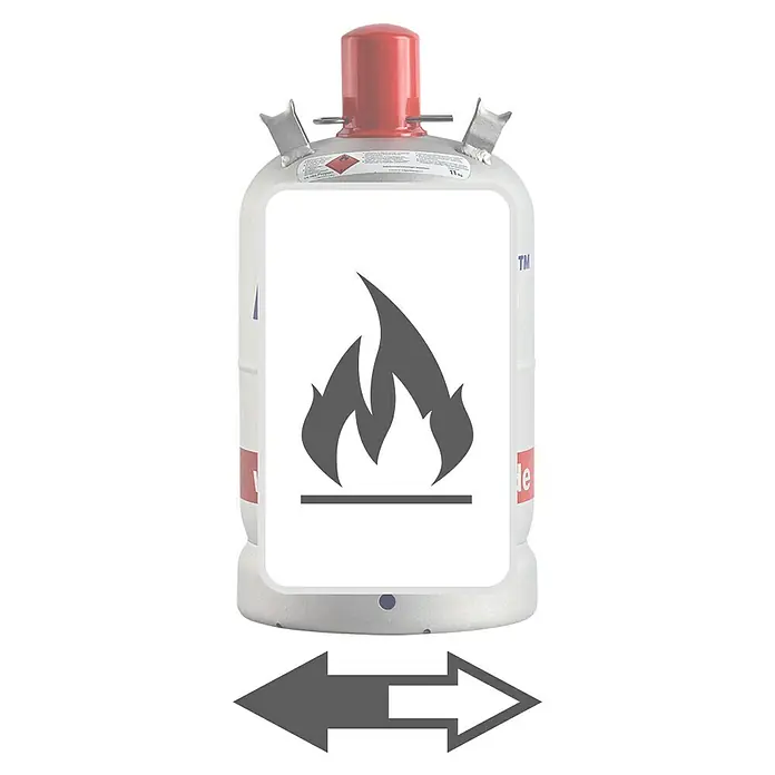 Tyczka Energy Propangas-Füllung Alugas - Passend für: Tyczka Energy Propangas-Flasche Alugas, 11 kg - Das Bild zeigt eine Gasflasche mit einem Warnhinweis für entzündliche Stoffe und einem Pfeil nach links und rechts.
