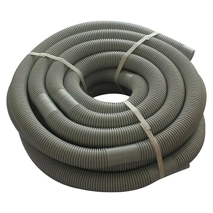 Malibu Schwimmbadschlauch Meterware - Durchmesser: 32 mm - Grauer, gewellter Schlauch, der zu einem Coil aufgerollt und mit Bändern befestigt ist. Ideal für verschiedene Anwendungen.