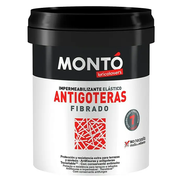 Montó Bricolovers Impermeabilizante Antigoteras Fibrado - Blanco, 750 ml, Mate sedoso - Producto impermeabilizante elástico Monto Antigoteras para terrazas y tejados, reforzado con fibras para mayor protección.