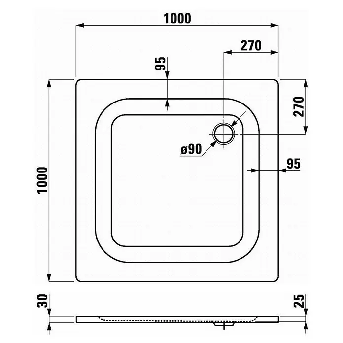 Sanicomfort Duschwanne - L x B: 100 x 100 cm, Stahl, Weiß, Durchmesser Ablauföffnung: 90 mm - Technische Zeichnung einer quadratischen Duschwanne mit Abmessungen und Detailansichten des Ablaufs.