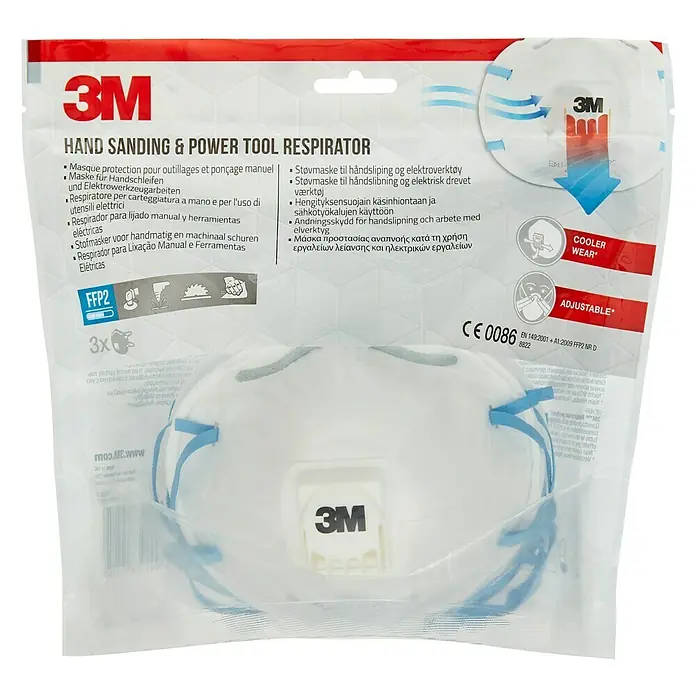 3M Mascarilla de protección respiratoria 8822 - Clase de filtro: FFP2 NR, 3 ud. - Respirador 3M para lijado manual y herramientas eléctricas con protección FFP2, más fresco y ajustable.