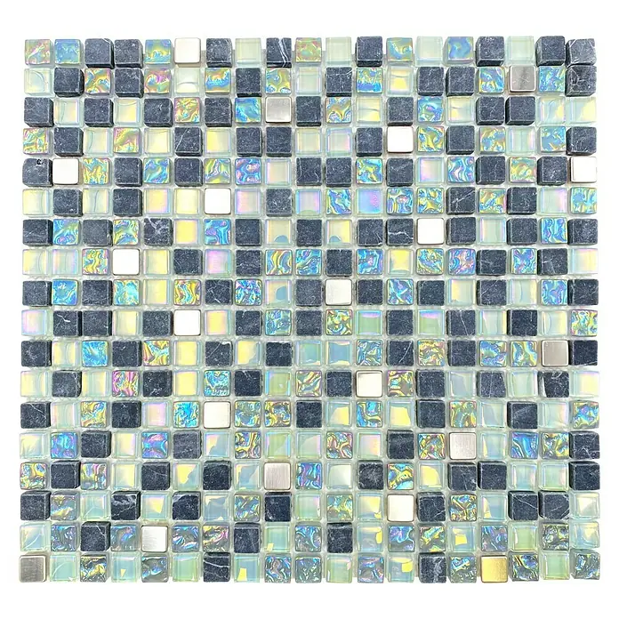 Mosaikfliese Crystal Mix XCM M840 - 30,5 x 32,2 cm, Grau, Glänzend - Bild einer schimmernden Mosaikfliese mit Grau-, Schwarz- und Perlglanz-Effekten, ideal für stilvolle Wand- und Bodenakzente im Innenbereich.
