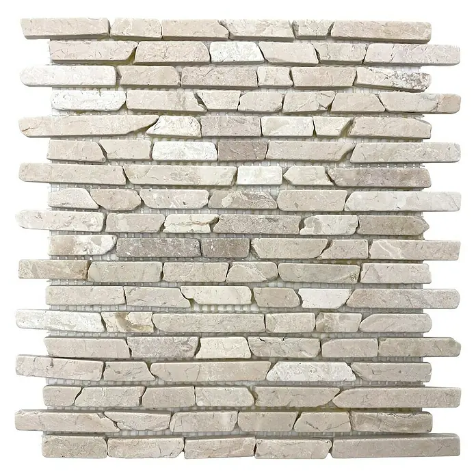 Mosaikfliese MOS BRICK 105 - 30,5 x 30,5 cm, Beige, Matt - Nahaufnahme eines Mosaiks aus beigen Natursteinen, ideal für Wand- und Bodendesign mit rustikalem Charme.