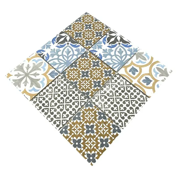Mosaikfliese Quadrat Classico Mix Porto - 29,8 x 29,8 cm, Mehrfarbig, Matt - Nahaufnahme von neun quadratischen Retro-Fliesen mit gemusterten Designs, die eine Vintage-Ästhetik für Boden- oder Wandbeläge bieten.