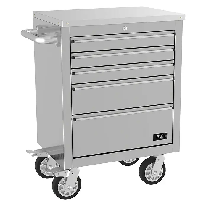 Güde Werkstattwagen GW 5 INOX - L x B x H: 493 x 743 x 905 mm, Anzahl Schubladen: 5 Stk., Silber - Abbildung eines silberfarbenen Werkzeugwagens mit mehreren Schubladen und Rädern für den einfachen Transport.