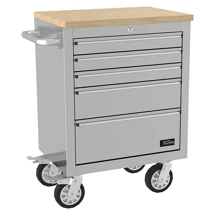 Güde Werkstattwagen GW 5 INOX - L x B x H: 493 x 743 x 905 mm, Anzahl Schubladen: 5 Stk., Silber - Abbildung eines Güde Werkstattwagens mit Holzplatte und Schubladen, ideal für die Werkstatt.