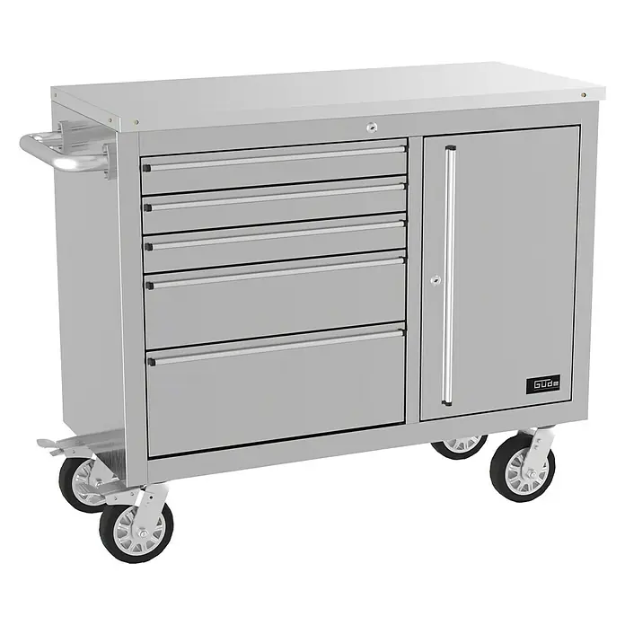 Güde Werkstattwagen GW 5/1 INOX - 493 x 1.148 x 905 mm, Anzahl Schubladen: 5 Stk., Silber, Anzahl Türen: 1 Stk. - Dieser Werkstattwagen bietet Stauraum mit Schubladen und Schrankfach, ideal für Werkstätten. Robuste Konstruktion und Mobilität durch Räder.