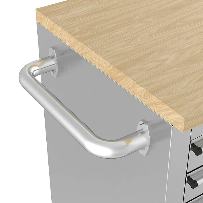 Güde Werkstattwagen GW 5/1 INOX - 493 x 1.148 x 905 mm, Anzahl Schubladen: 5 Stk., Silber, Anzahl Türen: 1 Stk. - Detailansicht eines Küchenwagens mit Arbeitsplatte aus Holz und einem robusten Griff aus Edelstahl.