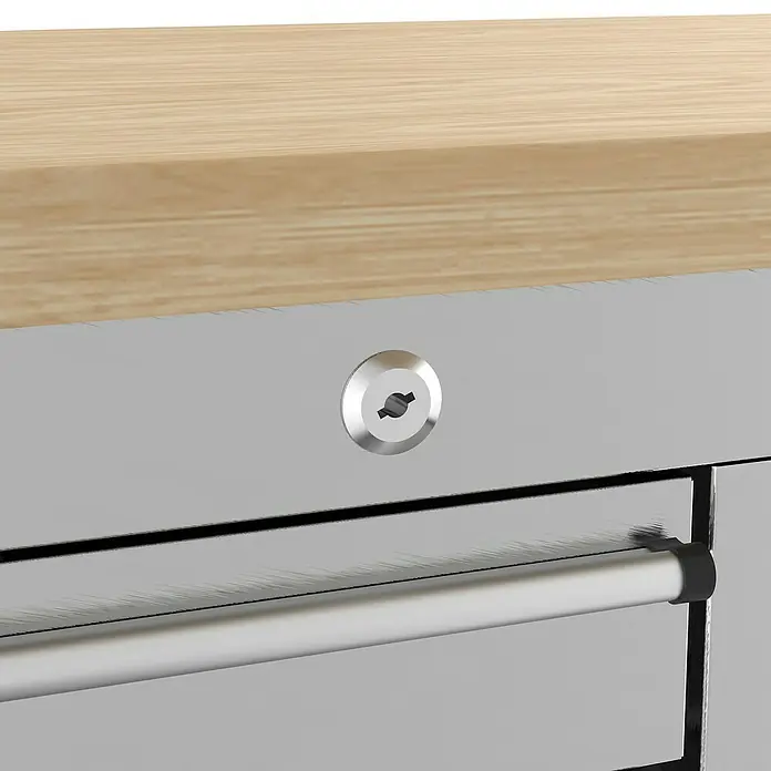 Güde Werkstattwagen GW 5/1 INOX - 493 x 1.148 x 905 mm, Anzahl Schubladen: 5 Stk., Silber, Anzahl Türen: 1 Stk. - Detailansicht eines abschließbaren Werkzeugschranks mit Schublade und Holzplatte, ideal für die Werkstatt.