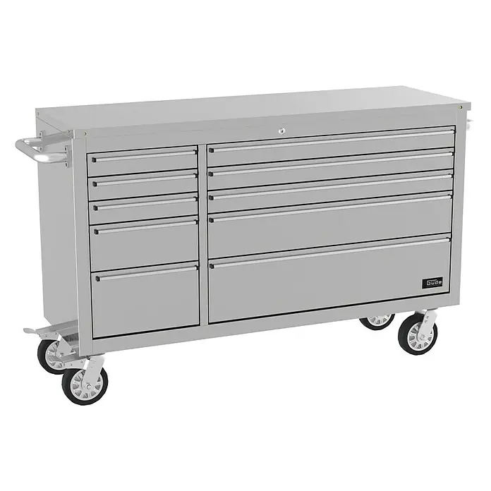 Güde Werkstattwagen GW 10 INOX - L x B x H: 493 x 1.435 x 905 mm, Anzahl Schubladen: 10 Stk., Silber - Produktbild einer rollenden Werkzeugkommode aus Stahl mit mehreren Schubladen.