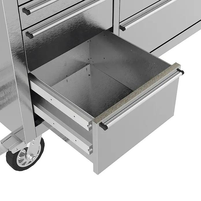 Güde Werkstattwagen GW 10 INOX - L x B x H: 493 x 1.435 x 905 mm, Anzahl Schubladen: 10 Stk., Silber - Offene Schublade eines Werkstattwagens. Das Metall und die Konstruktion der Schublade sind gut sichtbar.