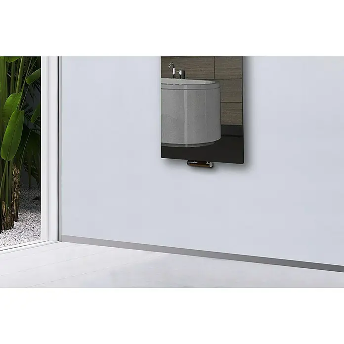 Szagato Designheizkörper Montevideo - B x H: 470 x 1.200 mm, Wärmeleistung bei Vorlauftemperatur von 75 °C (D: 50): 799 W, Silber, Ohne Handtuchhalter - Ein modernes Badezimmer mit einem stilvollen Heizkörper, der ein Bild eines Waschbeckens zeigt.